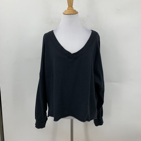 Nike Yoga Luxe Top Womens L Black Fleece V Neck Modal Blend Long Sleeve Cropped - Picture 2 of 14